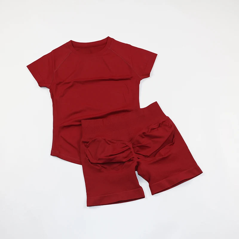 Seamless Yoga Set Fitted Workout Clothes Woman Gym Wear Short Sleeve Top Shirt Scrunch Booty Gym Shorts 2 Piece Sports Suits