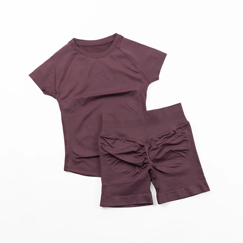 Seamless Yoga Set Fitted Workout Clothes Woman Gym Wear Short Sleeve Top Shirt Scrunch Booty Gym Shorts 2 Piece Sports Suits