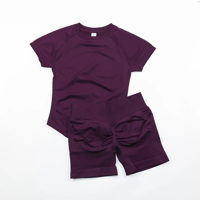 Seamless Yoga Set Fitted Workout Clothes Woman Gym Wear Short Sleeve Top Shirt Scrunch Booty Gym Shorts 2 Piece Sports Suits