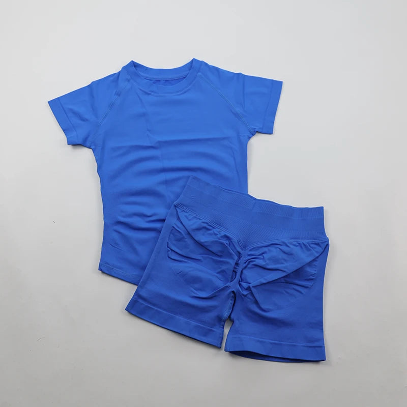 Seamless Yoga Set Fitted Workout Clothes Woman Gym Wear Short Sleeve Top Shirt Scrunch Booty Gym Shorts 2 Piece Sports Suits