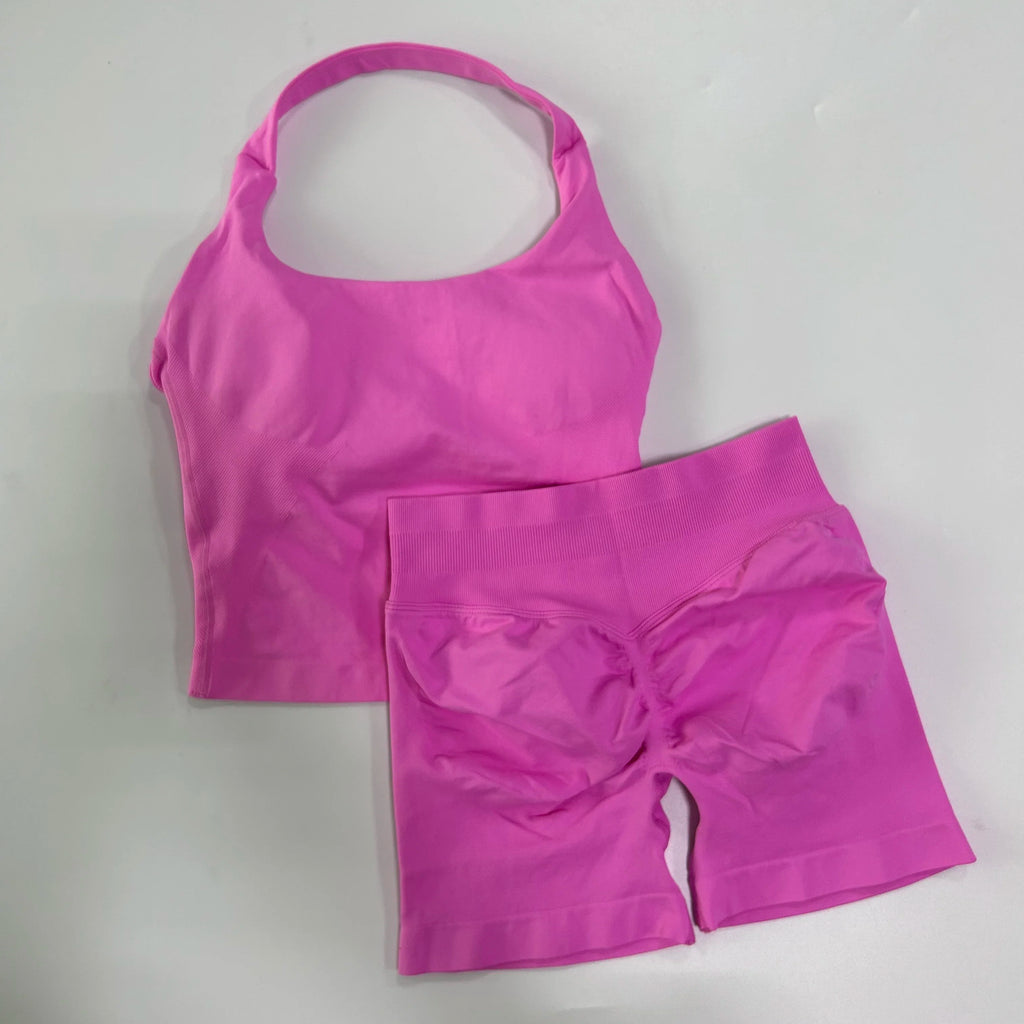 Women’s Seamless Workout Set, Backless Halter Top & High-Waisted Gym Shorts