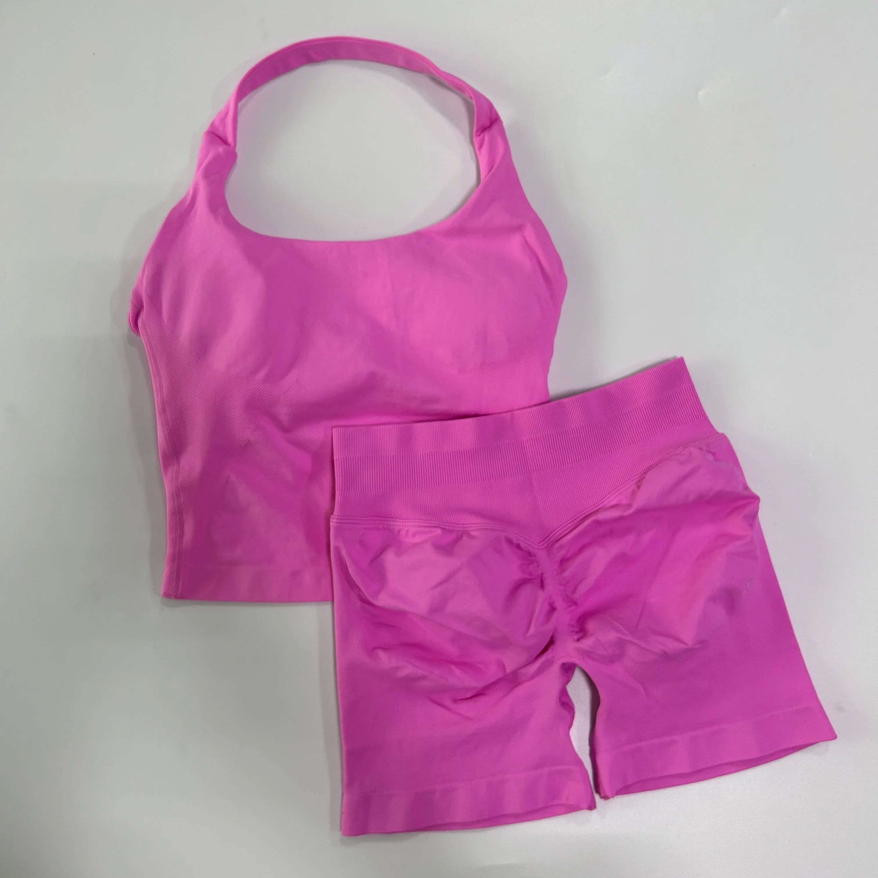 Women’s Seamless Workout Set, Backless Halter Top & High-Waisted Gym Shorts