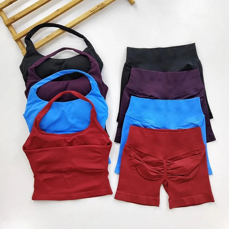 Women’s Seamless Workout Set, Backless Halter Top & High-Waisted Gym Shorts