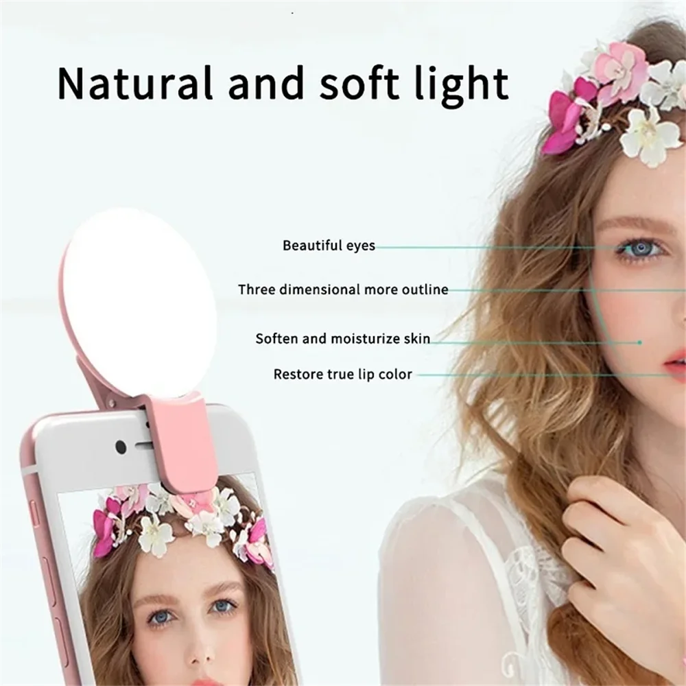 Portable LED Selfie Light, USB Rechargeable Clip-On Ring Light for Phones