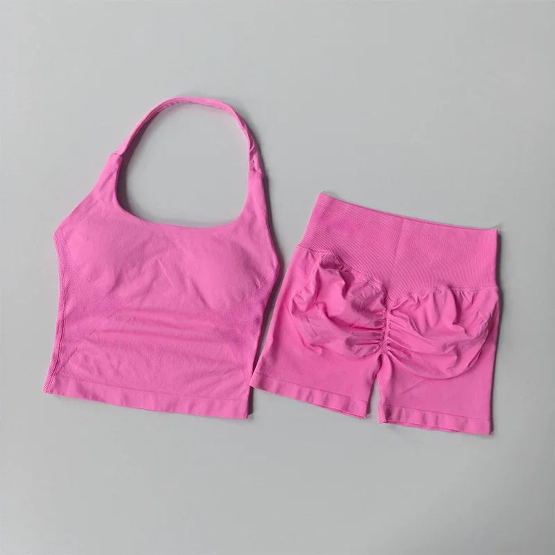 Women’s Seamless Workout Set, Backless Halter Top & High-Waisted Gym Shorts