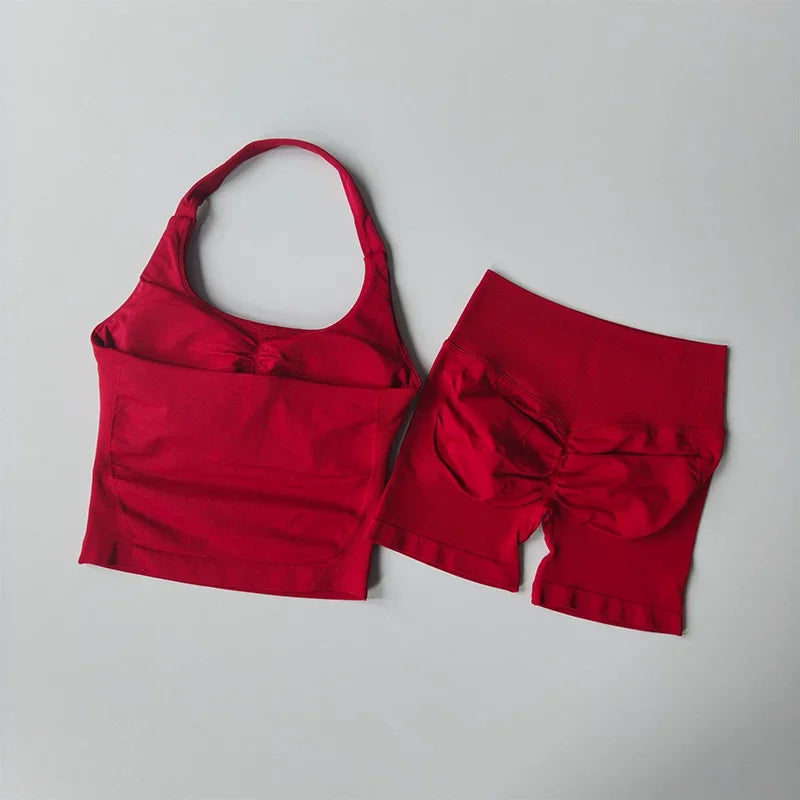 Women’s Seamless Workout Set, Backless Halter Top & High-Waisted Gym Shorts