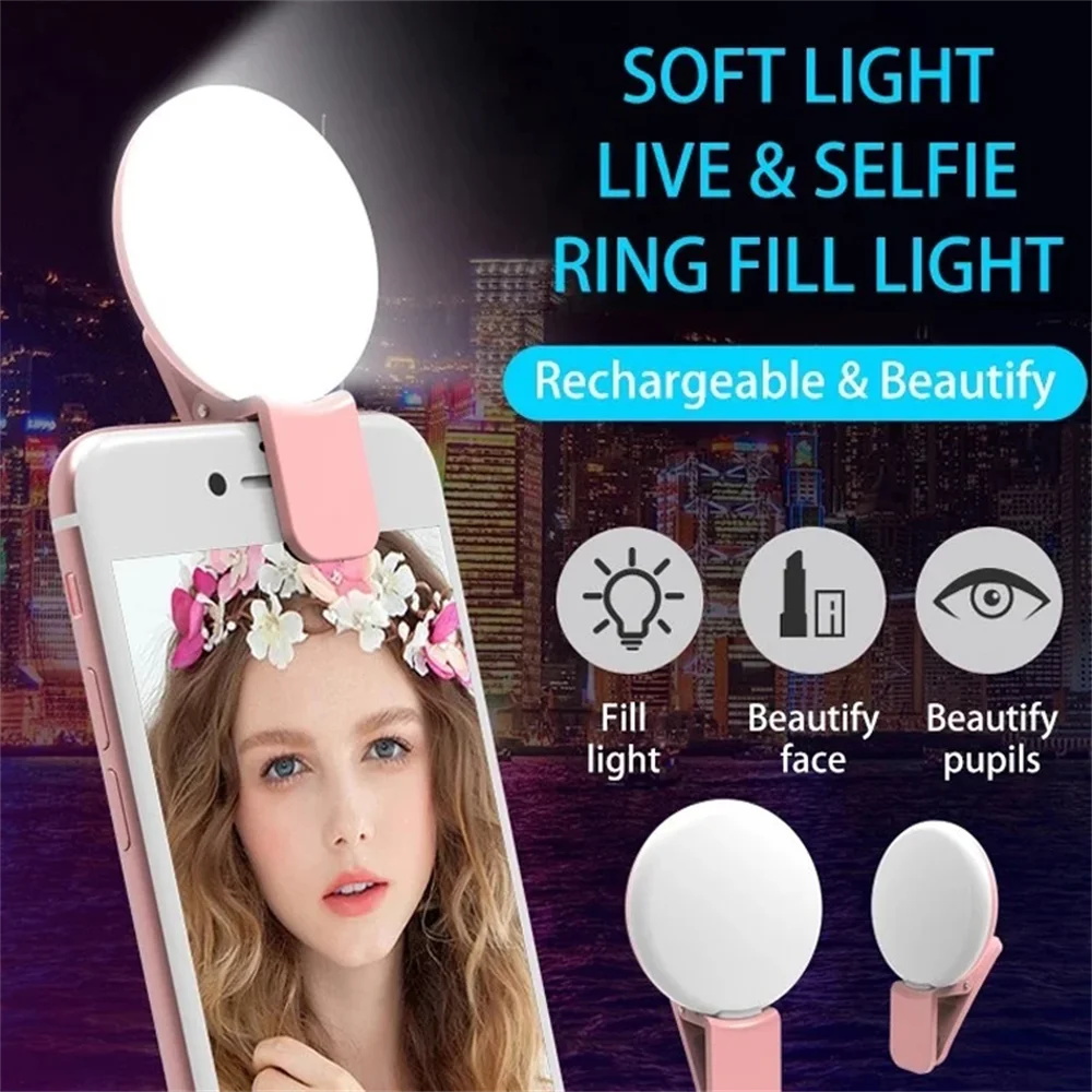 Portable LED Selfie Light, USB Rechargeable Clip-On Ring Light for Phones