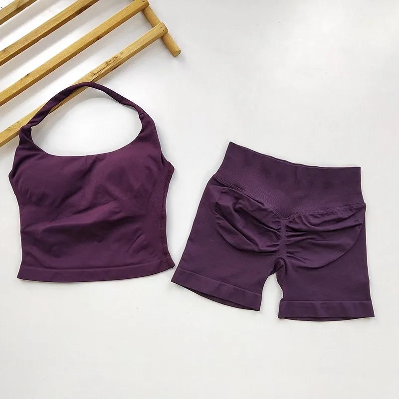 Women’s Seamless Workout Set, Backless Halter Top & High-Waisted Gym Shorts