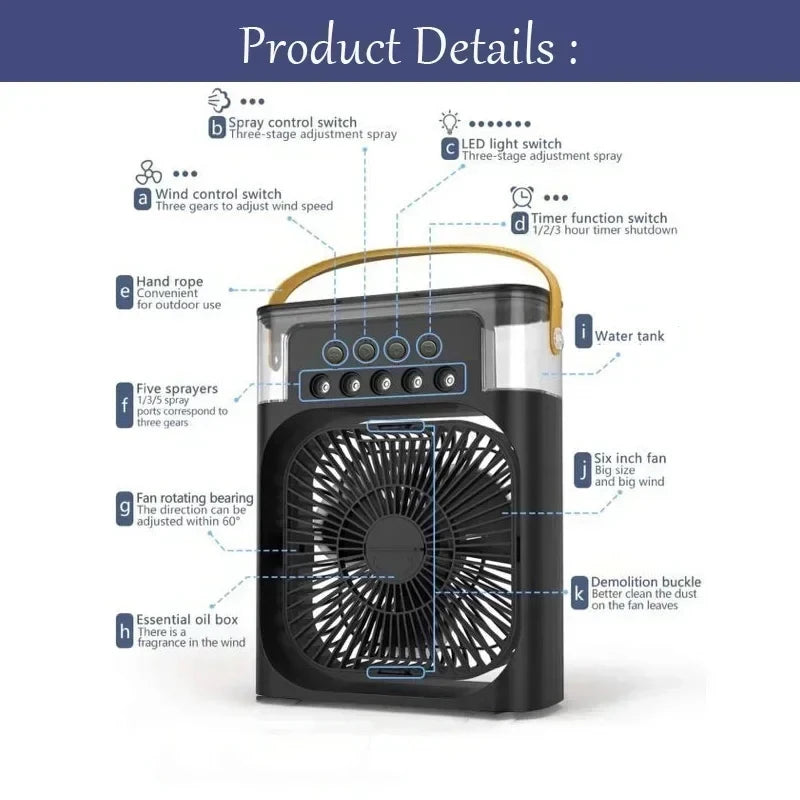 3-in-1 Portable Air Cooler, Fan, Humidifier & LED Night Light Air Adjustment Fan Office Home Fan