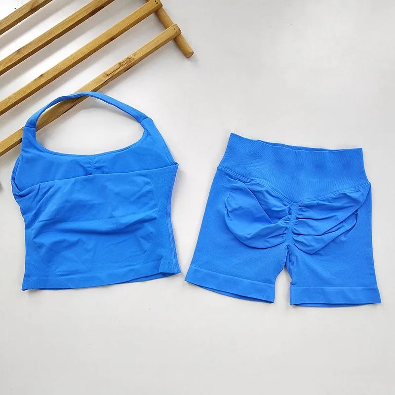 Women’s Seamless Workout Set, Backless Halter Top & High-Waisted Gym Shorts