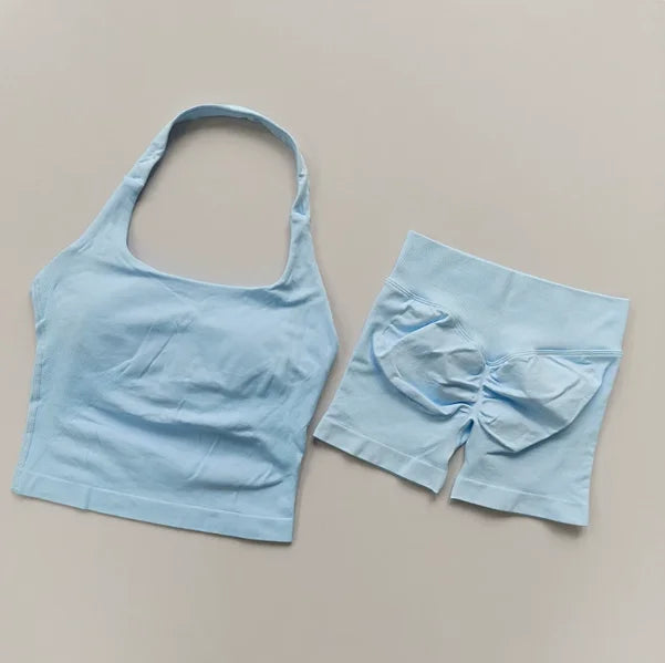 Women’s Seamless Workout Set, Backless Halter Top & High-Waisted Gym Shorts