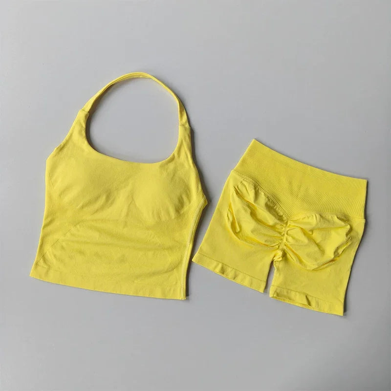 Women’s Seamless Workout Set, Backless Halter Top & High-Waisted Gym Shorts