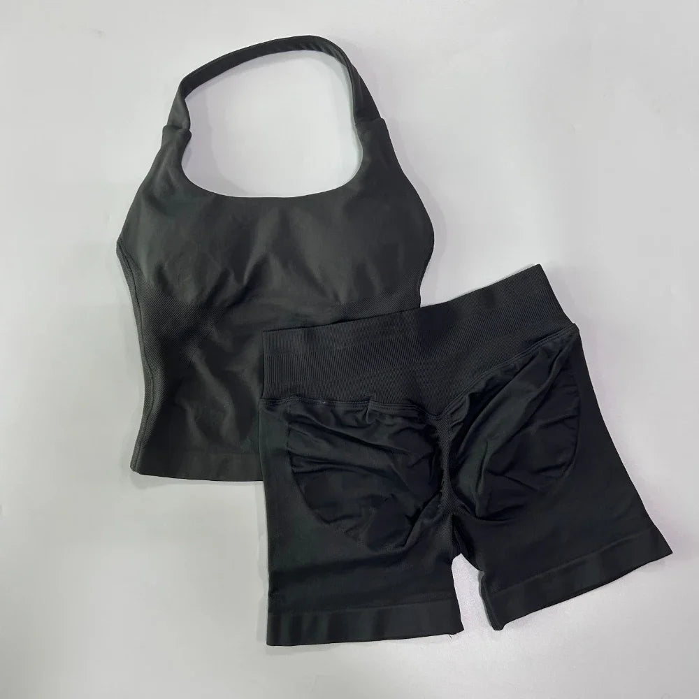 Women’s Seamless Workout Set, Backless Halter Top & High-Waisted Gym Shorts