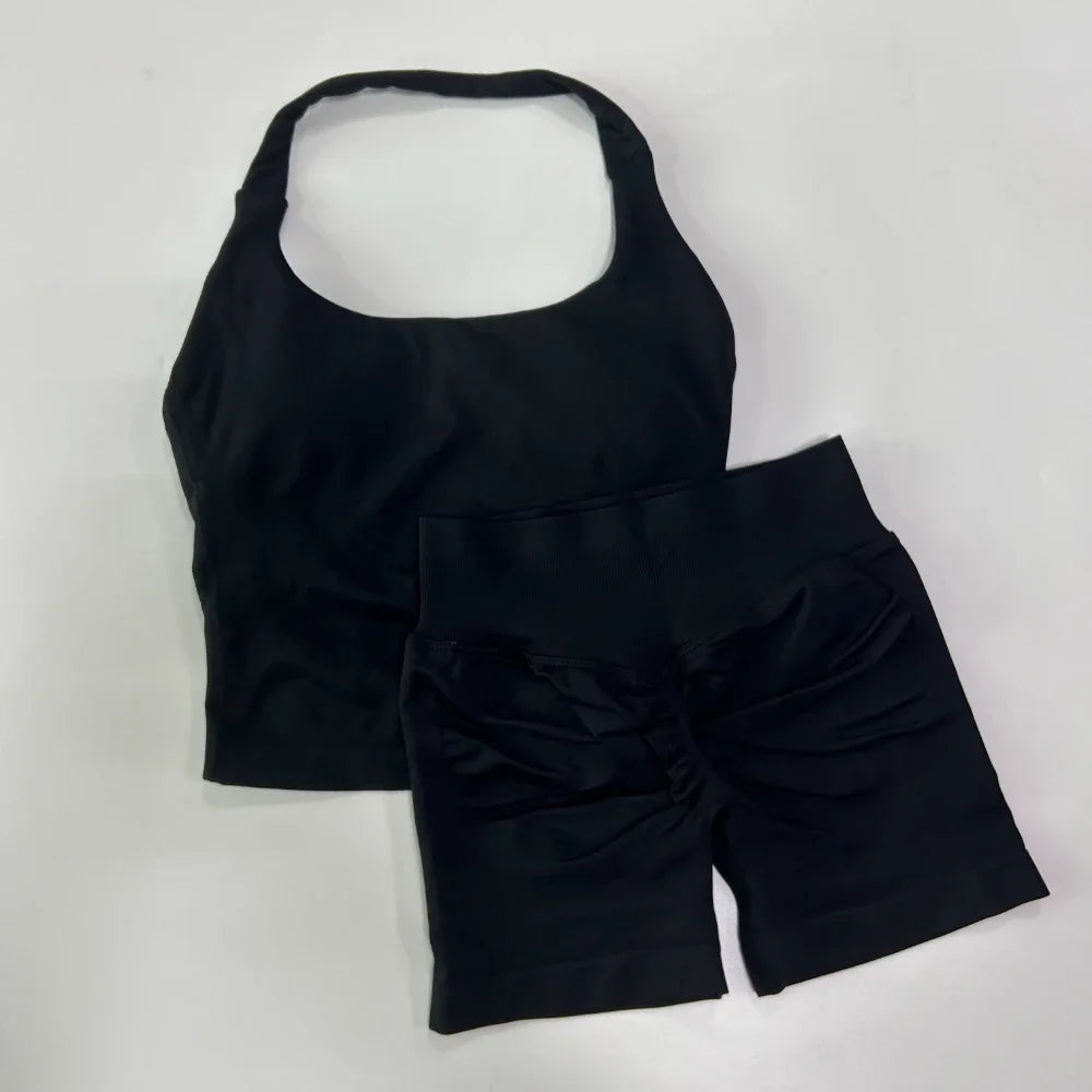 Women’s Seamless Workout Set, Backless Halter Top & High-Waisted Gym Shorts
