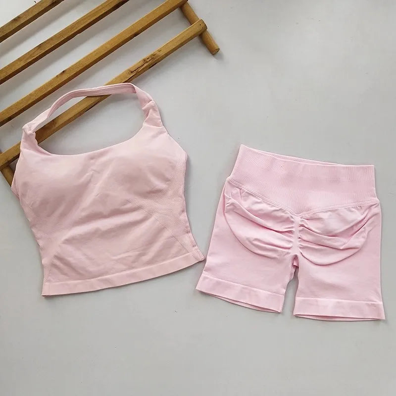 Women’s Seamless Workout Set, Backless Halter Top & High-Waisted Gym Shorts