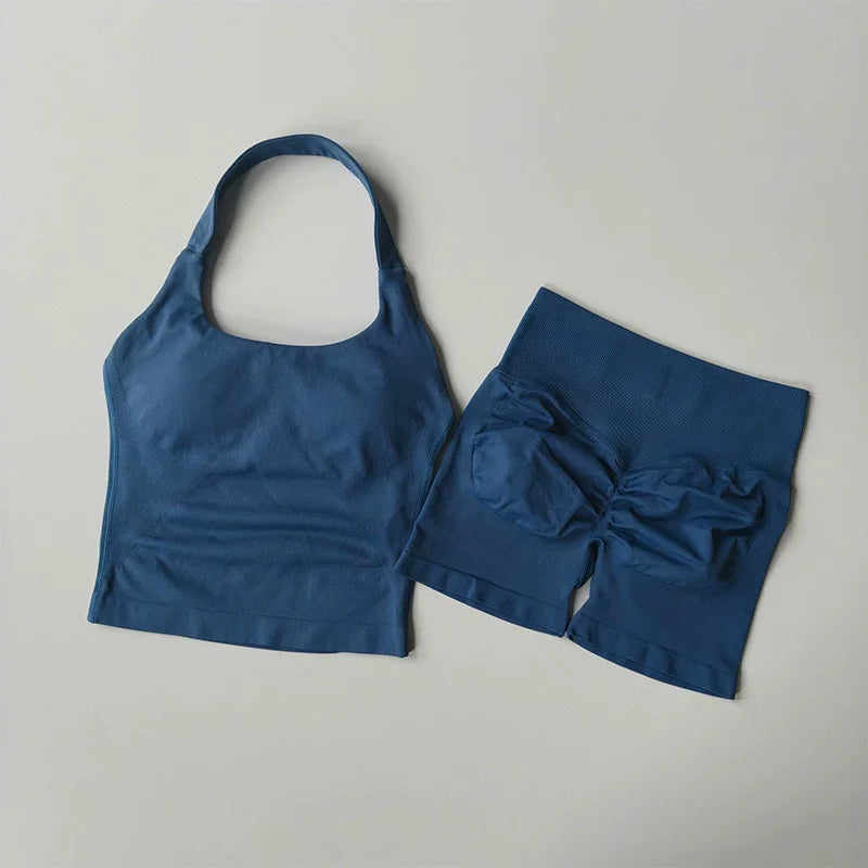 Women’s Seamless Workout Set, Backless Halter Top & High-Waisted Gym Shorts