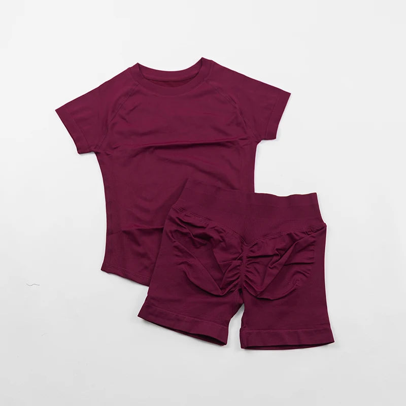 Seamless Yoga Set Fitted Workout Clothes Woman Gym Wear Short Sleeve Top Shirt Scrunch Booty Gym Shorts 2 Piece Sports Suits