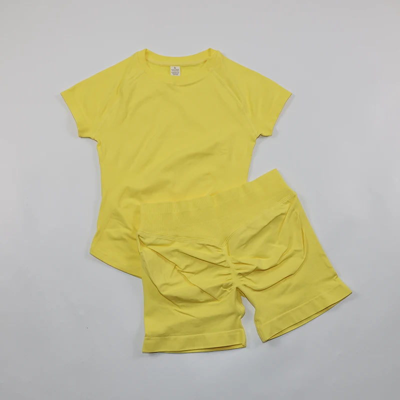 Seamless Yoga Set Fitted Workout Clothes Woman Gym Wear Short Sleeve Top Shirt Scrunch Booty Gym Shorts 2 Piece Sports Suits